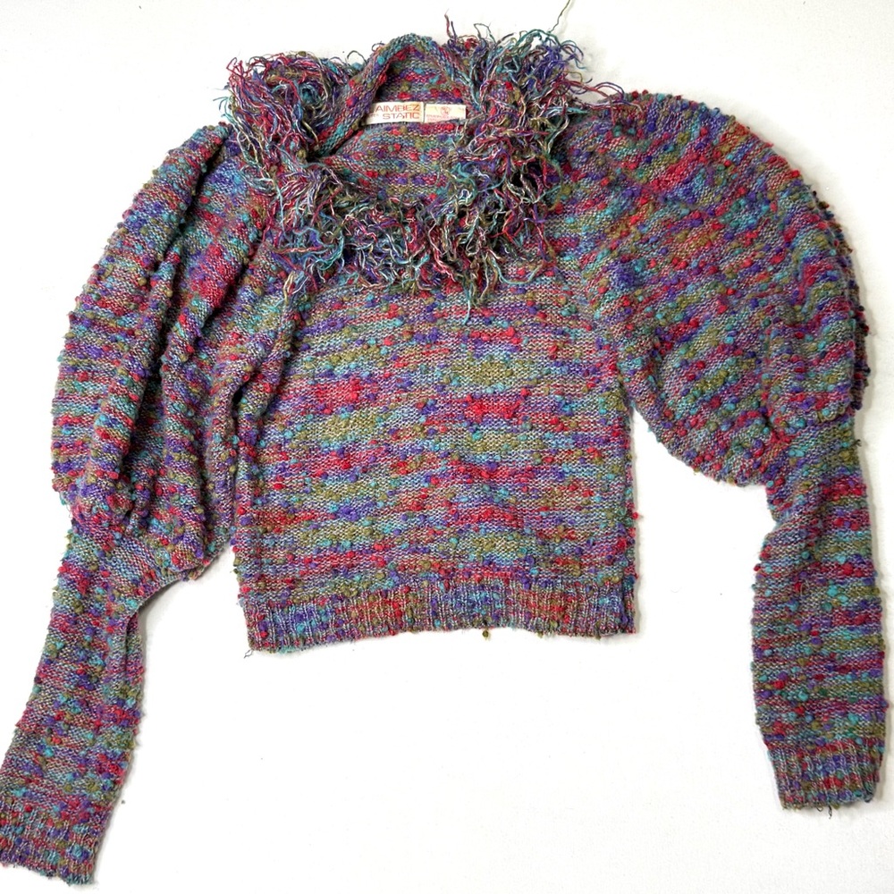 Vintage GIL AIMBEZ Static Multicolor Textured Knit Puff Sleeve Sweater Sz M